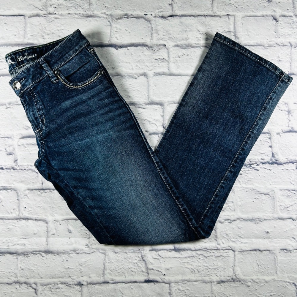 Wrangler Rock 47 5/34 Womens Medium Wash Low Rise Bootcut Jeans Embroidered